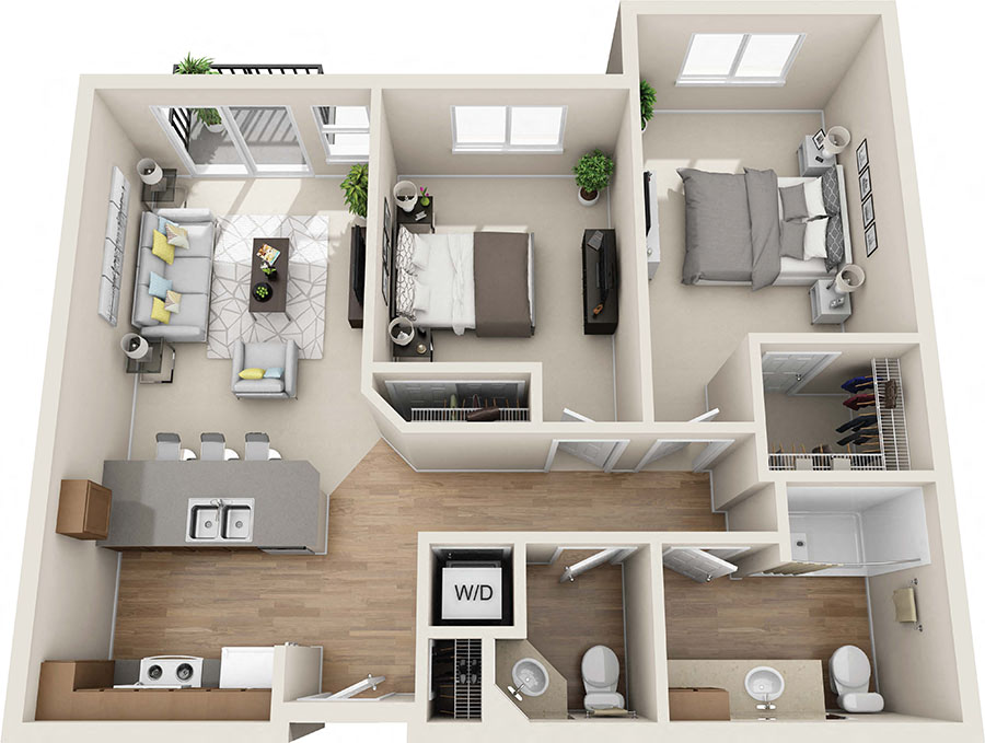 Floor plan for 2 beds, 1.5 baths, 949 sqft